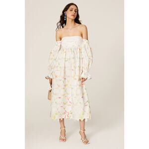 Rosie Assoulin Strapless Off Shoulder White Pastel Print Bell Cuff Midi Dress 4